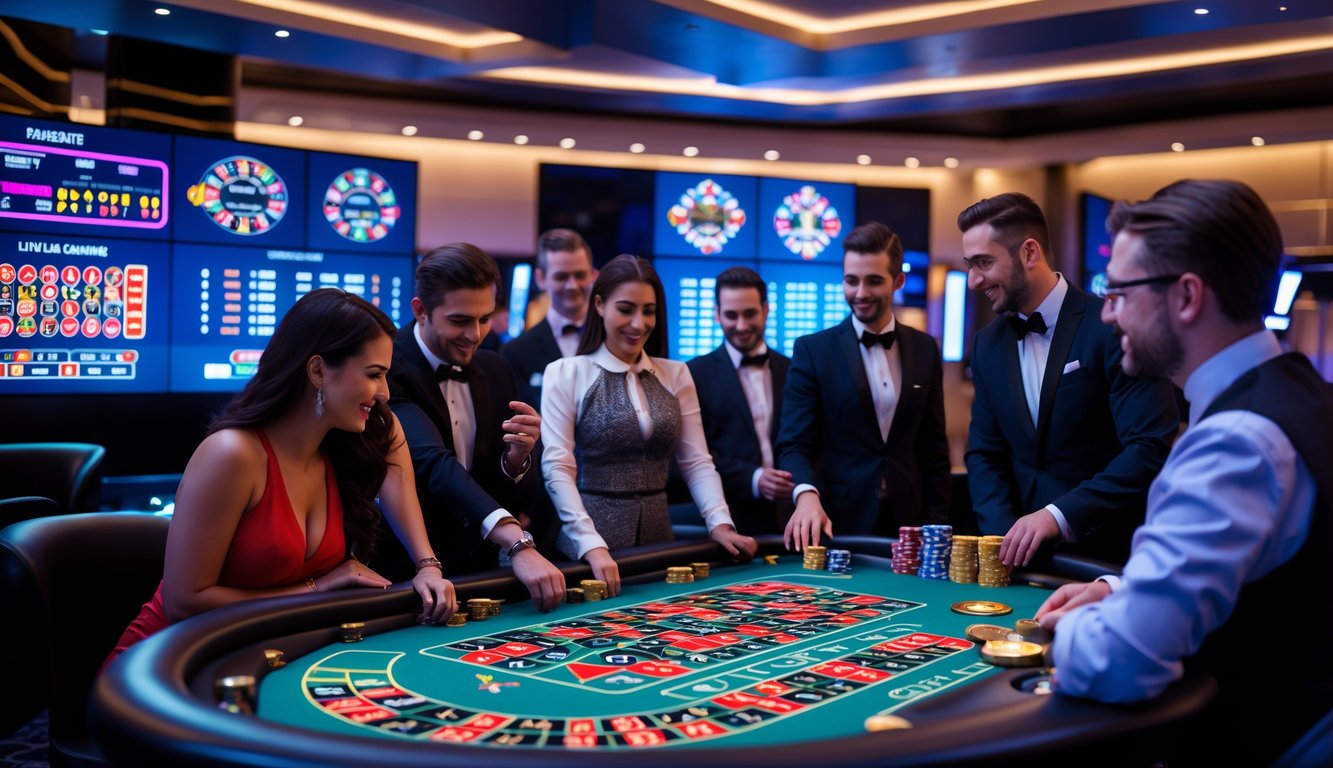 Suasana kasino langsung dengan meja roulette digital, pemain berpakaian rapi, dan dealer yang sedang berinteraksi.