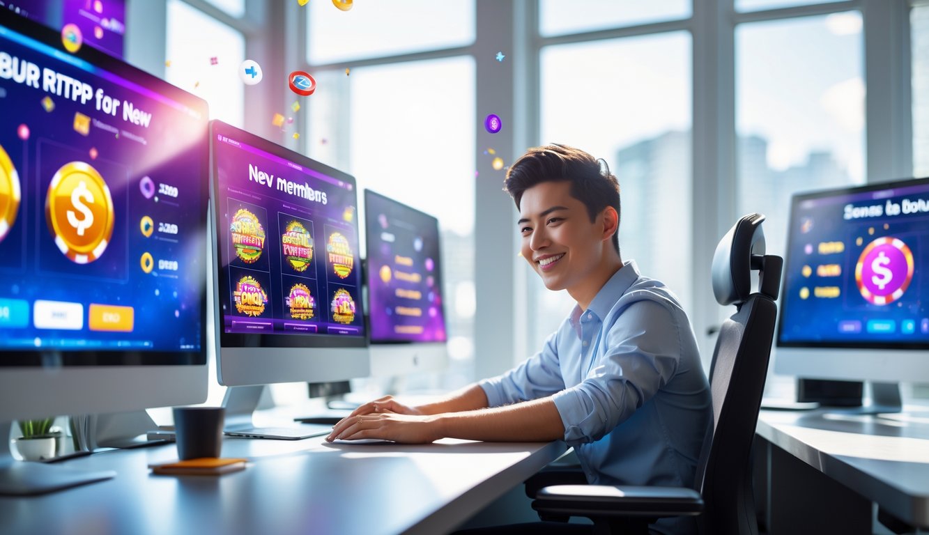 Seorang dewasa muda duduk di meja kantor modern dengan beberapa layar komputer menampilkan grafik permainan slot online dan statistik RTP.