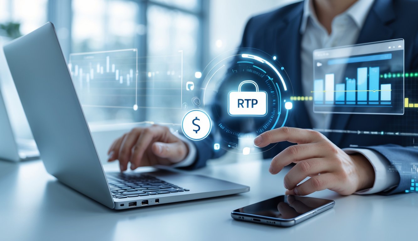 Seorang profesional menggunakan laptop dan ponsel di kantor modern dengan ikon digital pembayaran cepat mengelilinginya.