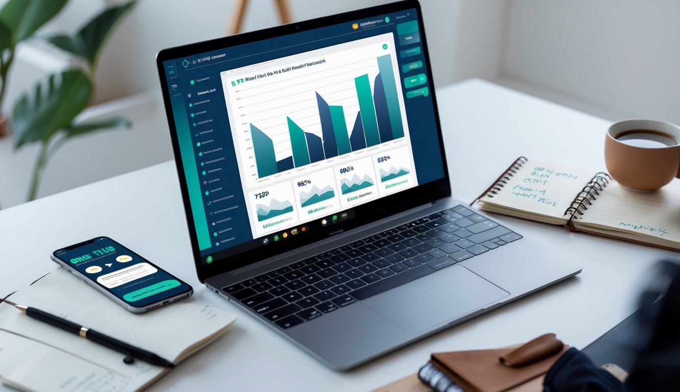 Seorang profesional sedang bekerja dengan laptop dan ponsel yang menampilkan grafik dan data terkait permainan slot online di sebuah meja kerja yang rapi.