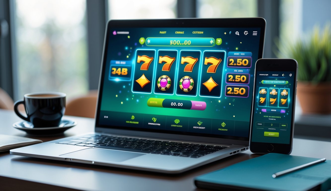 Meja kerja dengan laptop dan ponsel yang menampilkan permainan slot online, dengan suasana yang profesional dan nyaman.