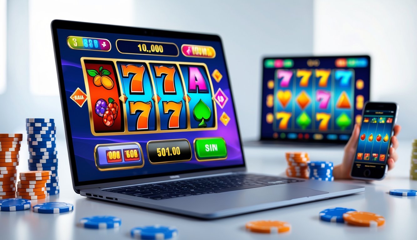 Sebuah laptop modern menampilkan permainan mesin slot dengan simbol warna-warni, dikelilingi chip poker dan kartu remi di atas meja.