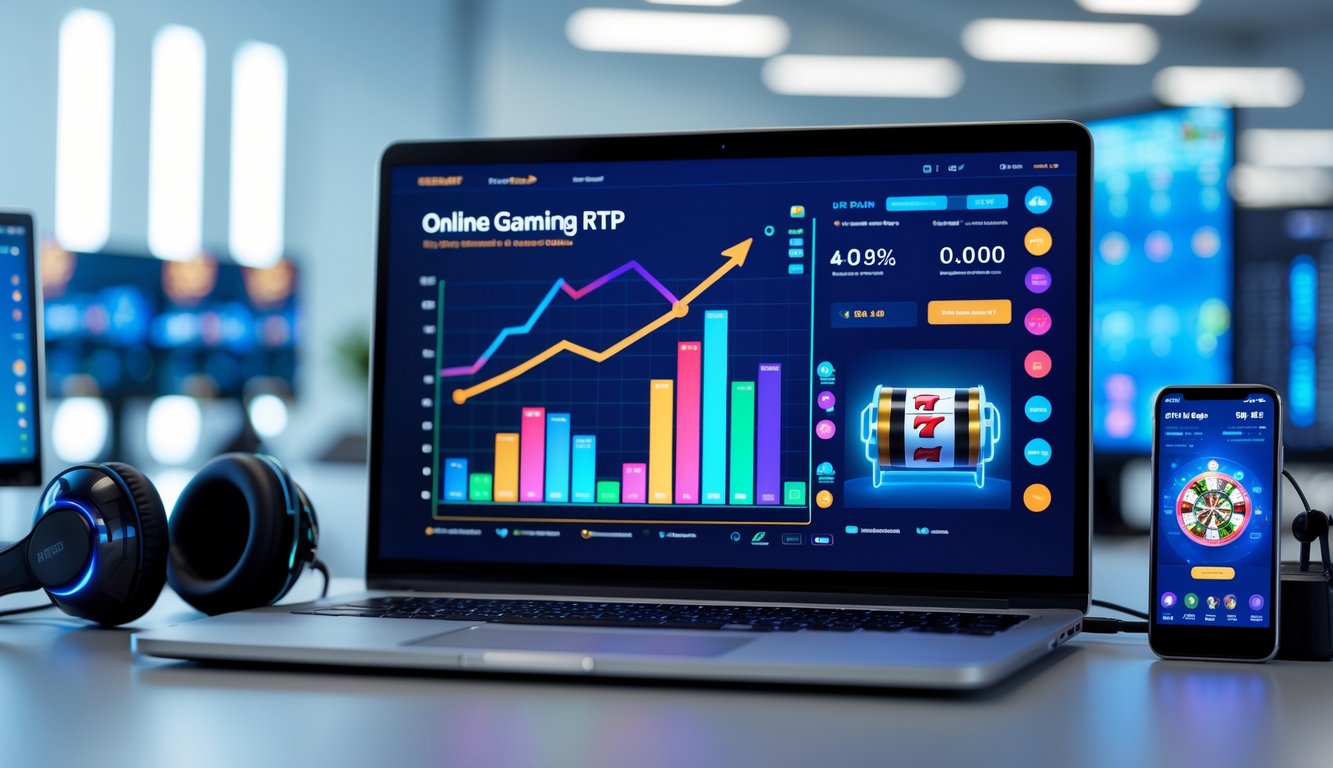 Sebuah ruang kerja modern dengan laptop yang menampilkan grafik terkait permainan slot online, dikelilingi oleh aksesori gaming seperti headphone dan ponsel dengan aplikasi kasino.