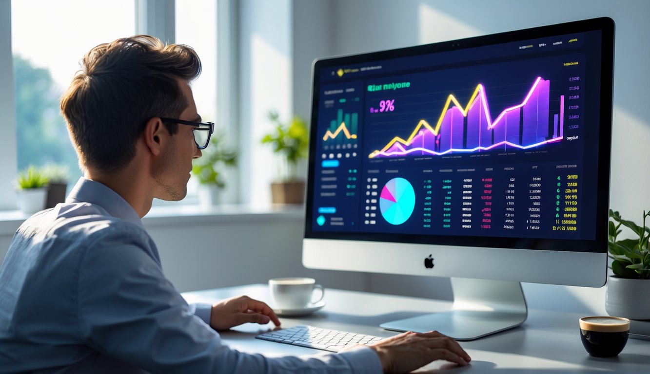 Seorang profesional sedang bekerja di depan komputer dengan tampilan grafik dan data di layar di ruang kerja modern.