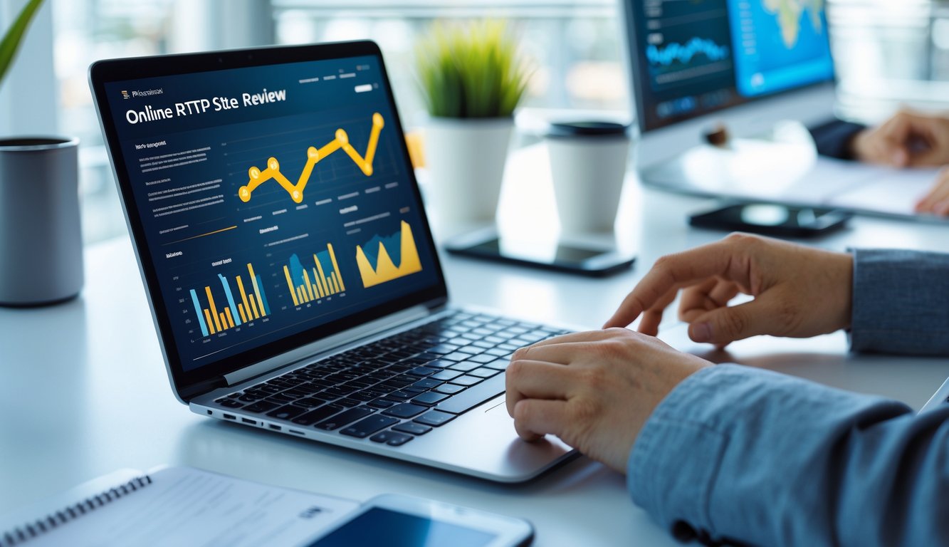Seseorang sedang menggunakan laptop di meja kerja dengan grafik dan data yang ditampilkan, di ruang kantor yang terang.