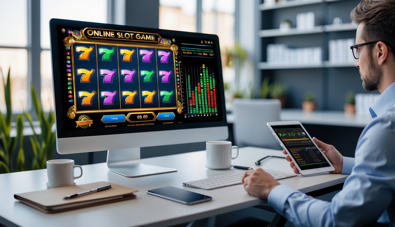 Seorang profesional sedang menganalisis data prediksi RTP situs slot di meja kerja dengan komputer dan perangkat digital lainnya.
