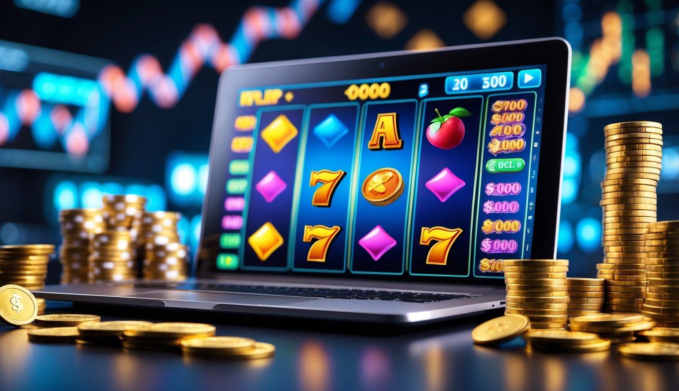 Layar komputer menampilkan permainan slot dengan simbol warna-warni, dikelilingi tumpukan chip kasino dan uang tunai.