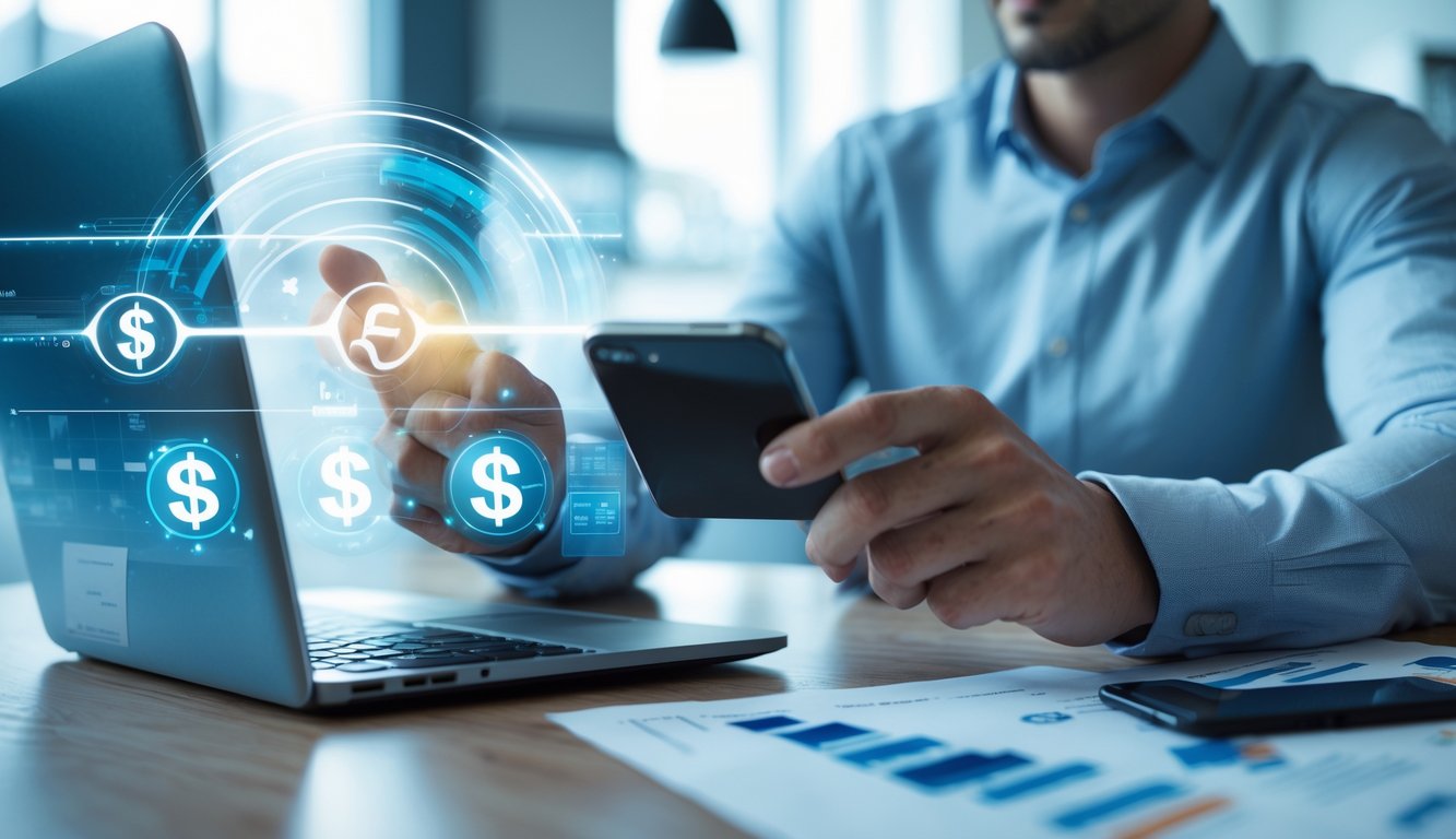 Seseorang menggunakan ponsel pintar untuk melakukan transaksi pembayaran cepat di lingkungan kantor modern.