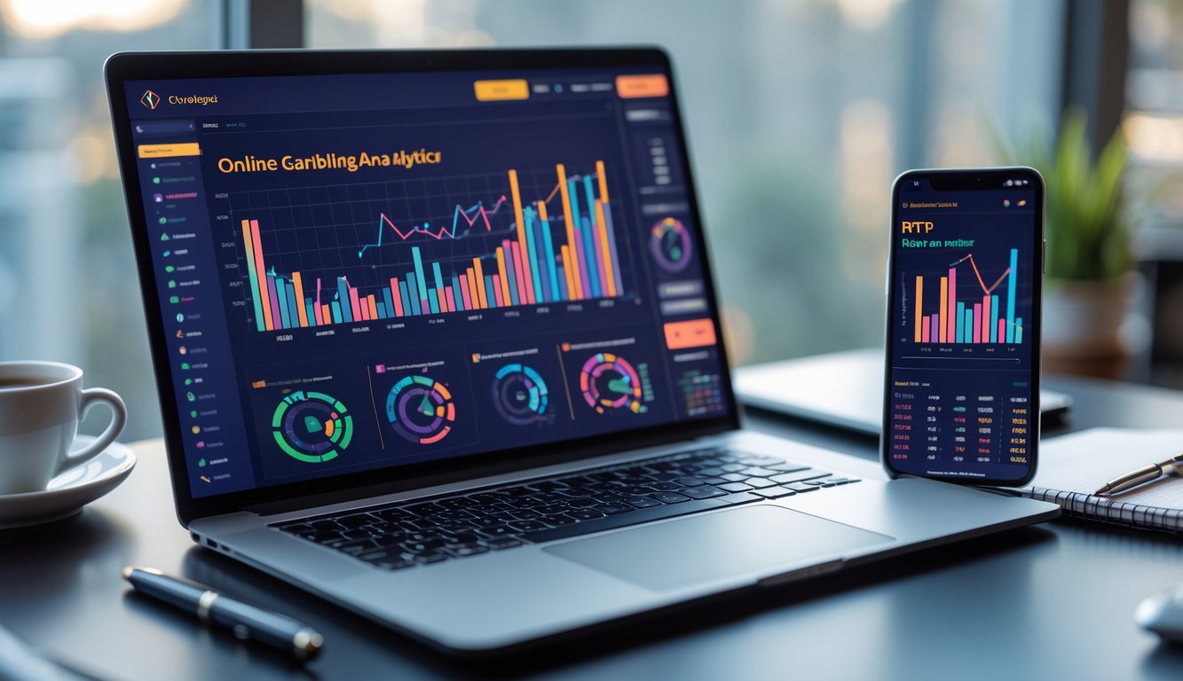 Seorang profesional sedang memeriksa data statistik RTP situs judi online di laptop dan ponsel di meja kerja yang rapi.