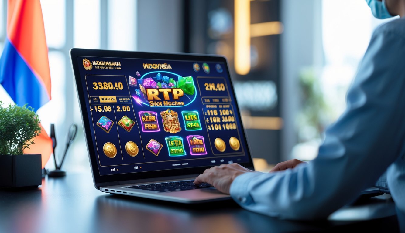 Seorang pengguna di depan laptop dengan permainan slot online dan grafik statistik RTP di layar, dengan latar belakang elemen budaya Indonesia yang samar.