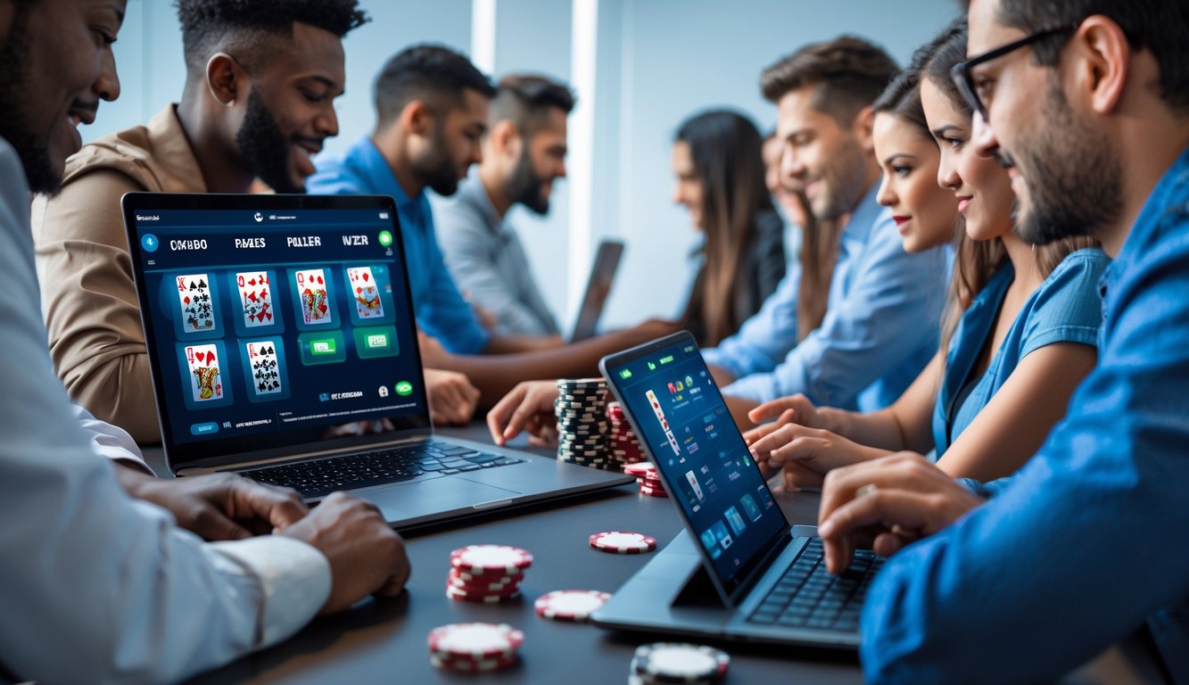 Sekelompok orang bermain poker online menggunakan laptop dan tablet di ruangan modern dengan tumpukan chip dan kartu poker di meja.