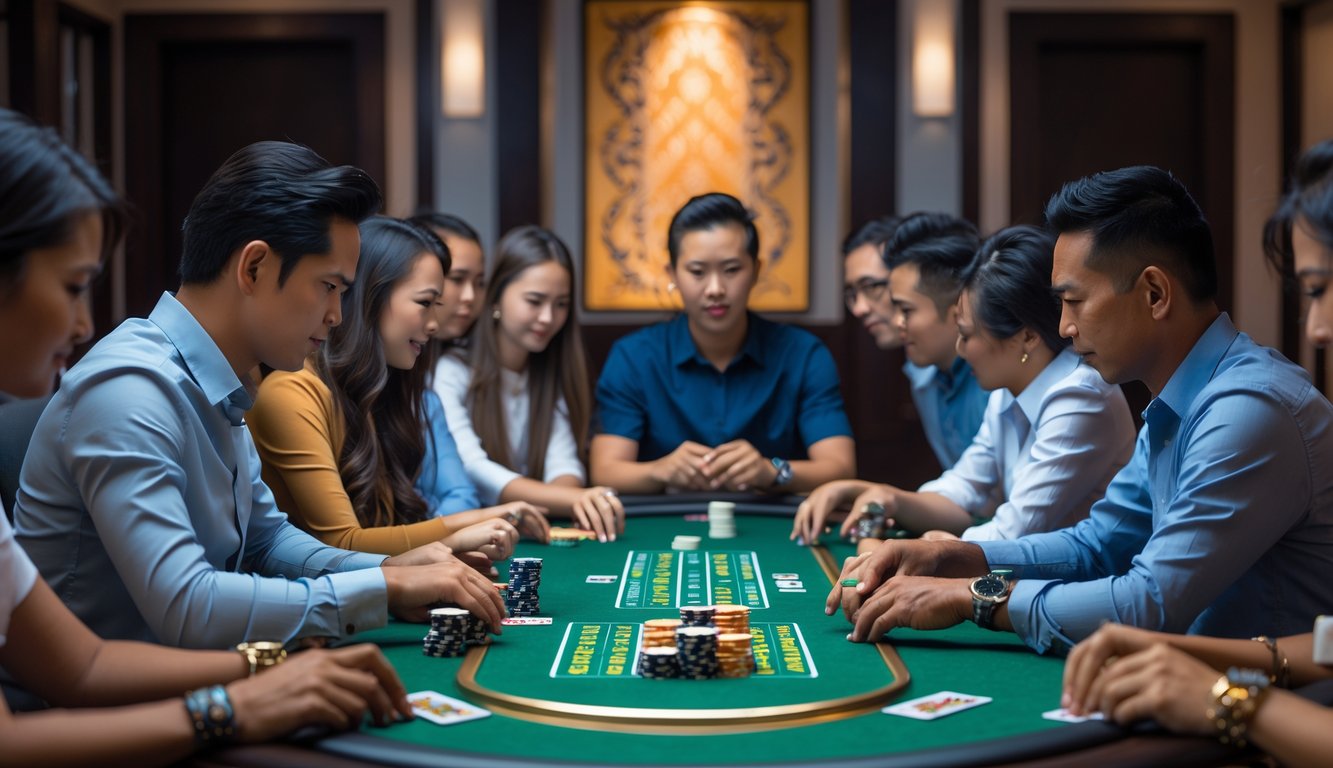Meja poker dengan pemain yang fokus bermain kartu di suasana yang hangat dan elegan dengan elemen budaya Indonesia.