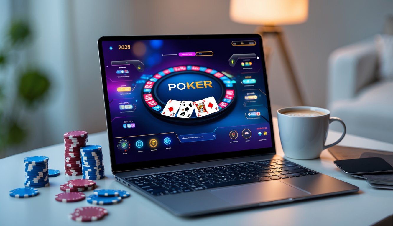 Seseorang bermain poker online di laptop dengan chip dan kartu poker di meja, suasana nyaman di ruang kerja.