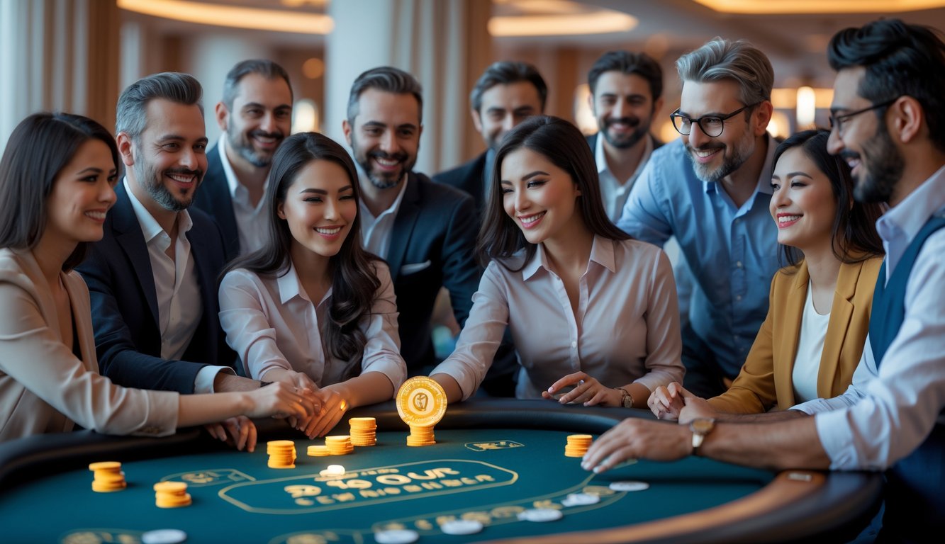 Sekelompok orang tersenyum berkumpul di sekitar meja poker dengan suasana kasino yang hangat dan ramah.