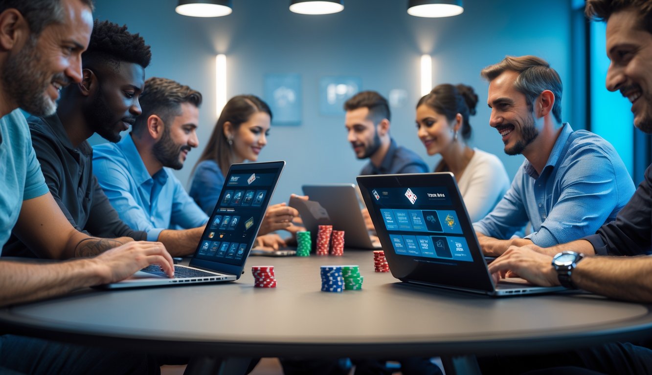 Sekelompok orang dewasa bermain poker online menggunakan laptop dan ponsel di meja modern.