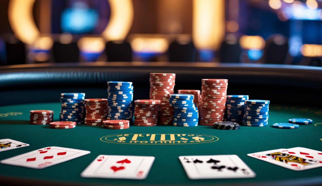 Meja poker dengan chip dan kartu yang tertata rapi di dalam suasana kasino yang hangat dan nyaman.