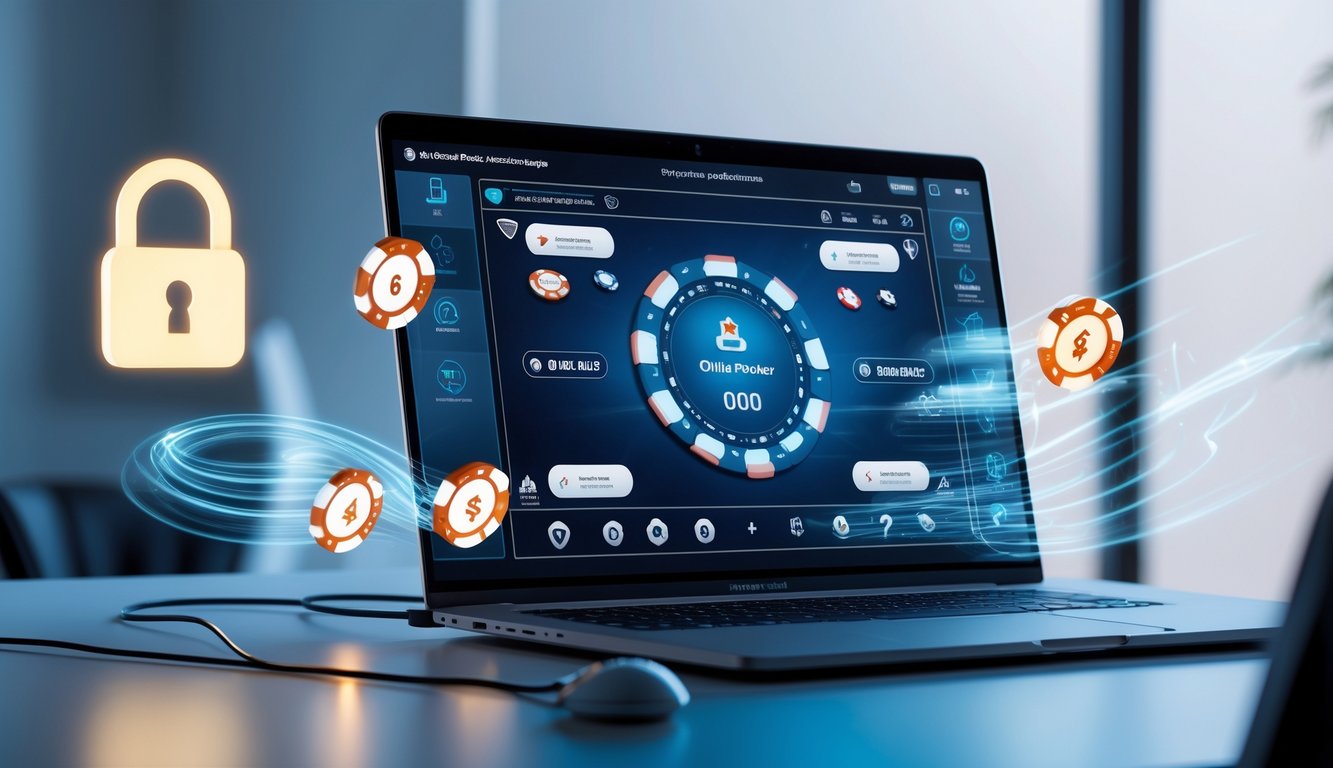 Seorang pria menggunakan laptop dengan tampilan permainan poker online yang aman dan cepat di layar.