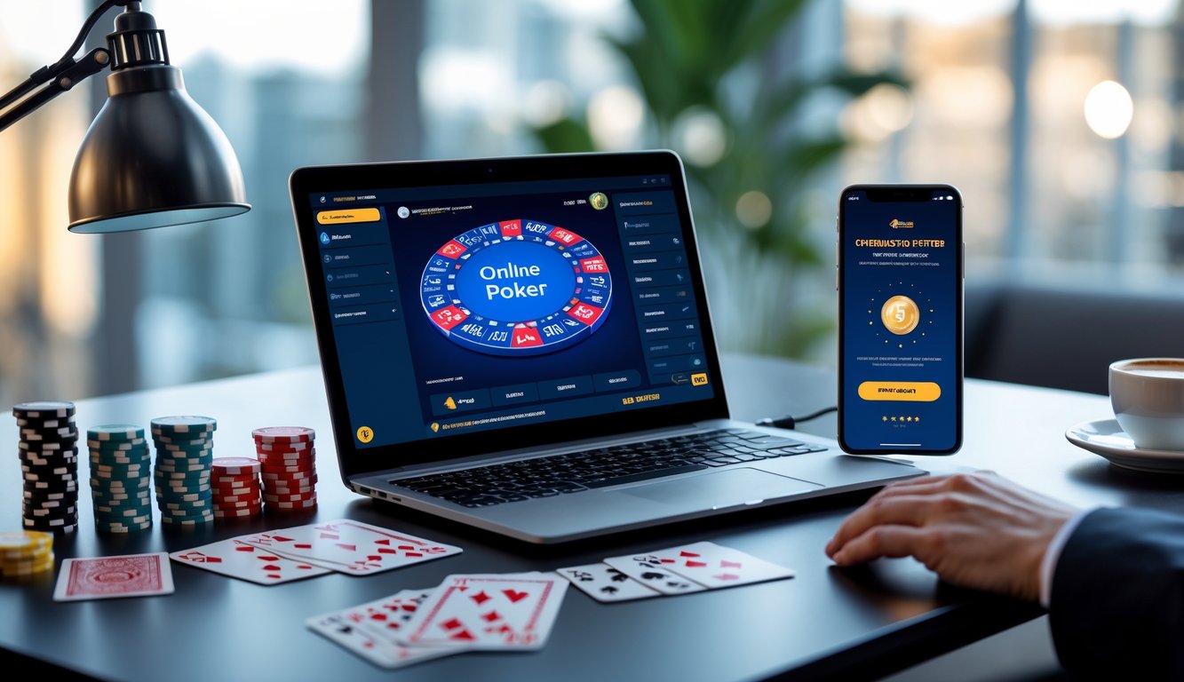 Seorang pemain poker online menggunakan laptop dan smartphone di meja kerja dengan chip poker dan kartu bermain.