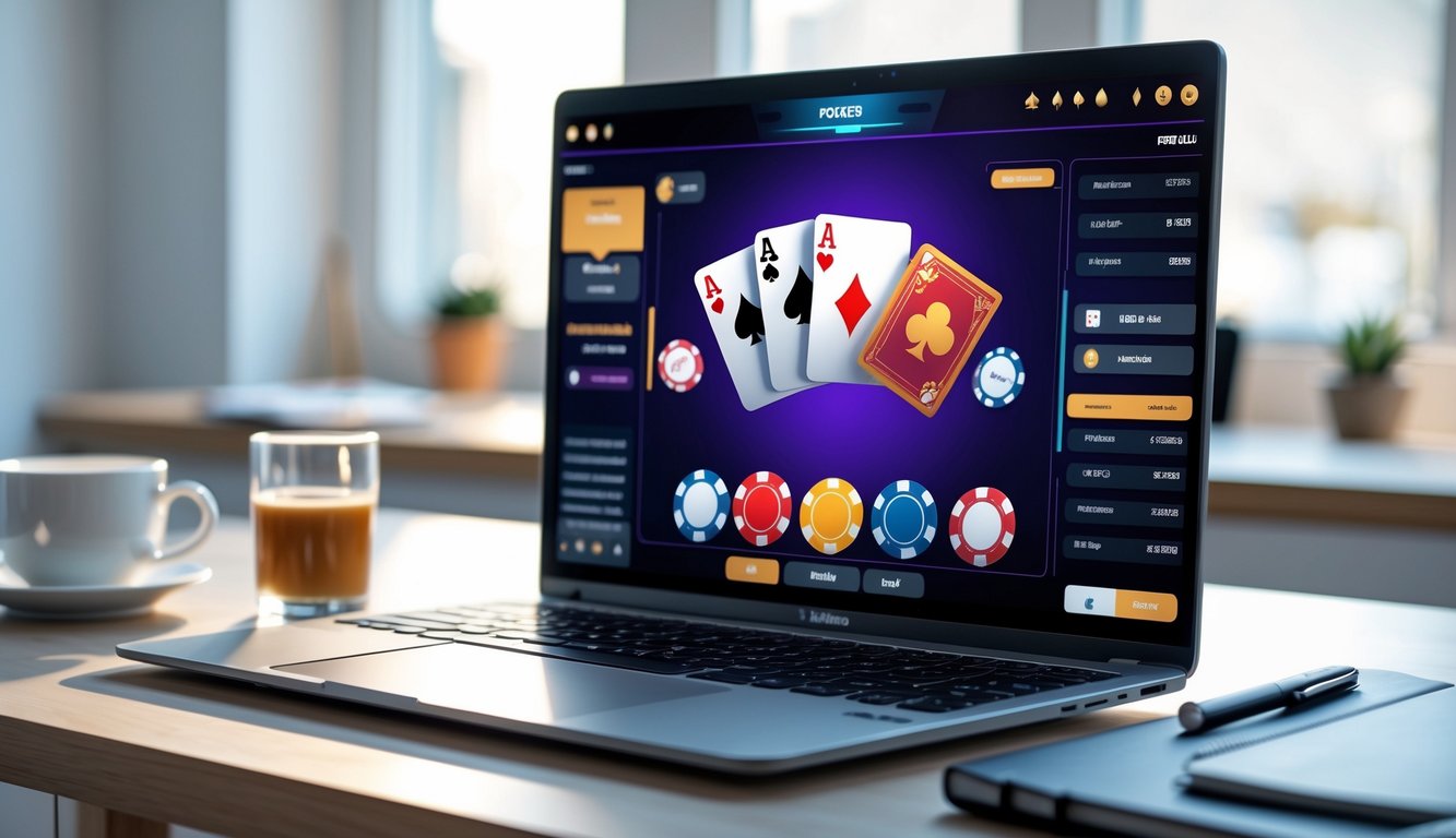 Seseorang sedang bermain poker online di laptop dengan tumpukan chip dan kartu di layar dalam suasana kerja yang rapi.