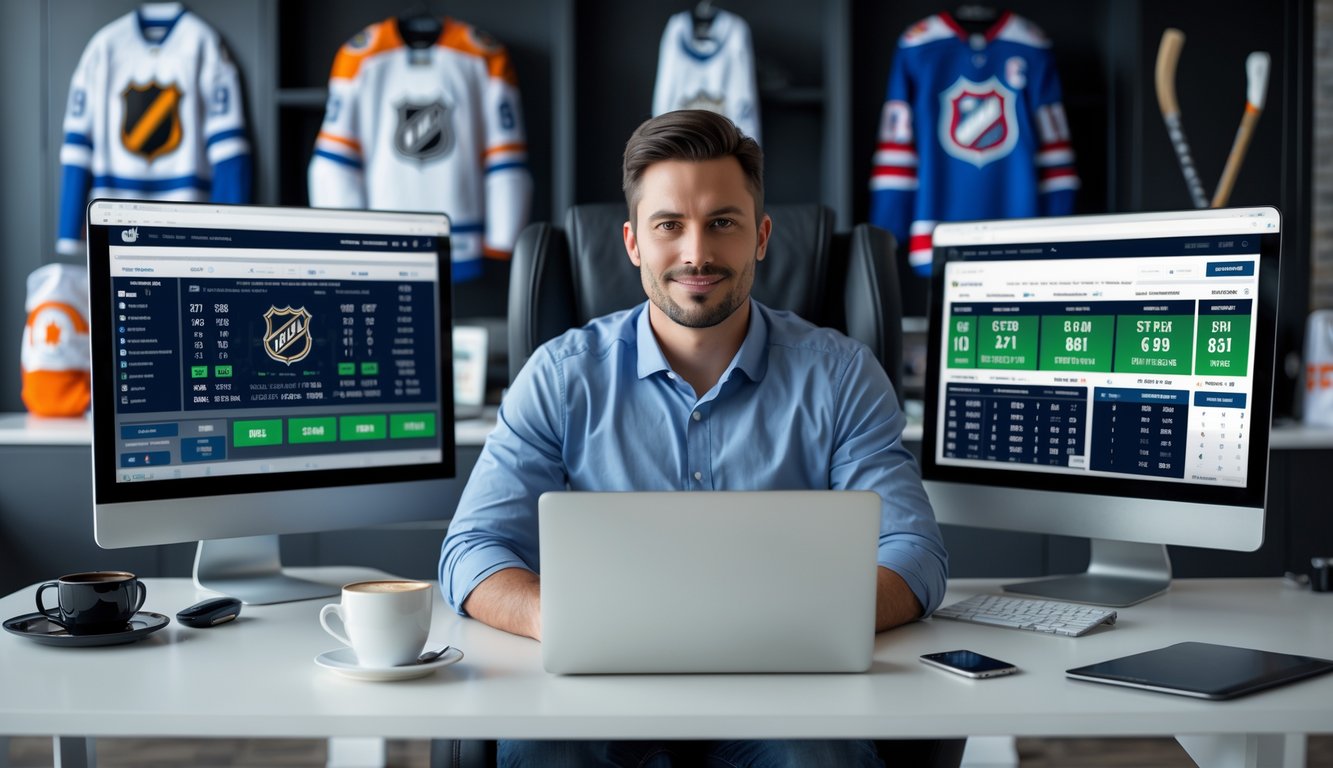 Seorang pria duduk di meja dengan beberapa monitor komputer yang menampilkan statistik dan skor pertandingan hoki NHL.
