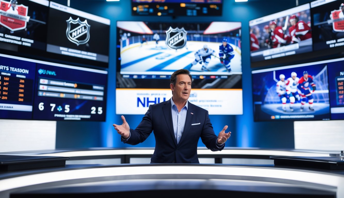 Seorang analis olahraga di studio modern sedang membahas prediksi NHL dengan layar digital besar menampilkan grafik hoki es di latar belakang.