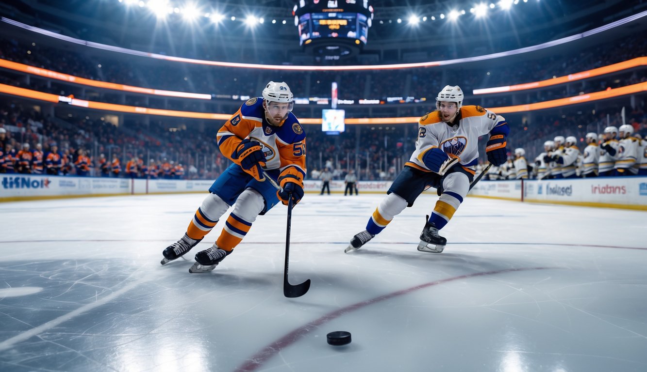 Pertandingan hoki es NHL yang intens dengan dua pemain beraksi di arena penuh penonton yang antusias.