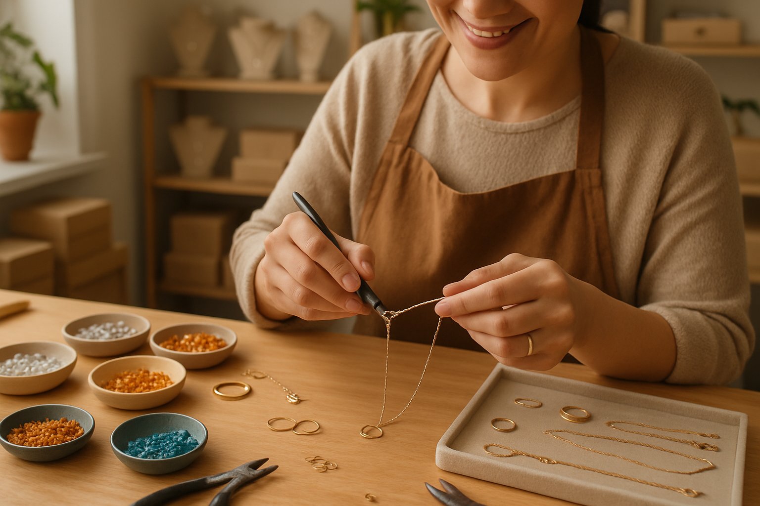 Close-up of hands crafting jewellery on a wooden workbench with gemstones and tools, with shelves of jewellery and packaging in the background.