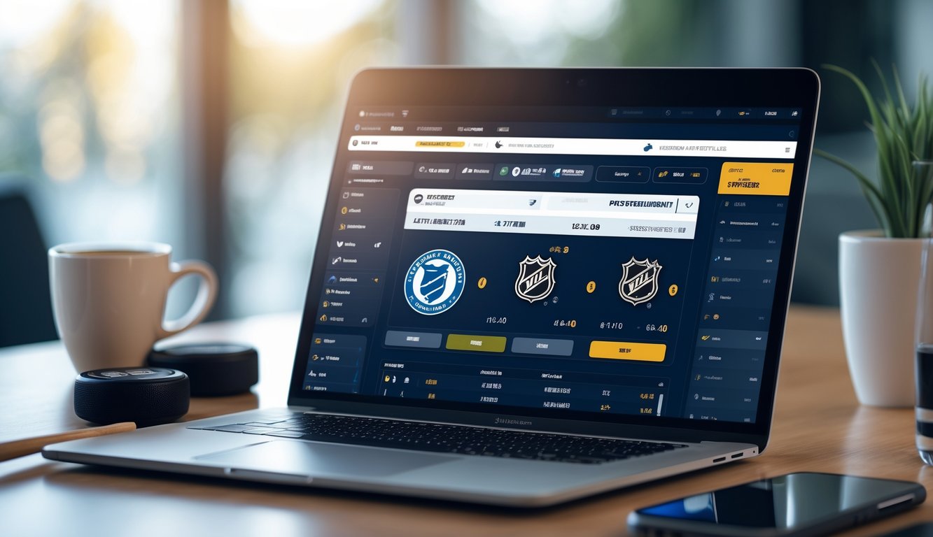Seorang pengguna bekerja dengan laptop yang menampilkan aplikasi taruhan hoki NHL, dengan peralatan hoki di meja dan ponsel di samping.
