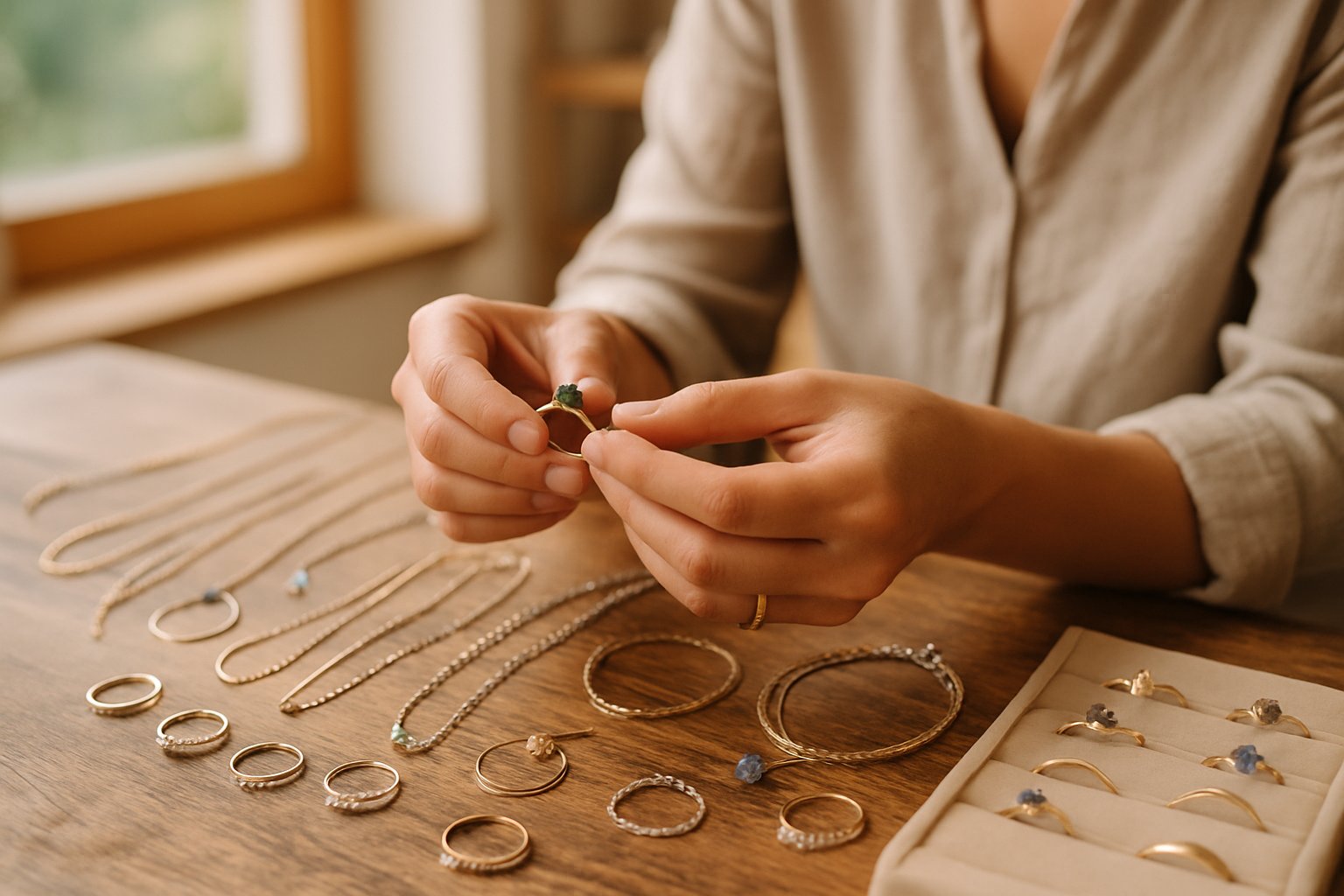 Close-up of hands examining handcrafted jewellery on a wooden table in a bright artisan workshop.