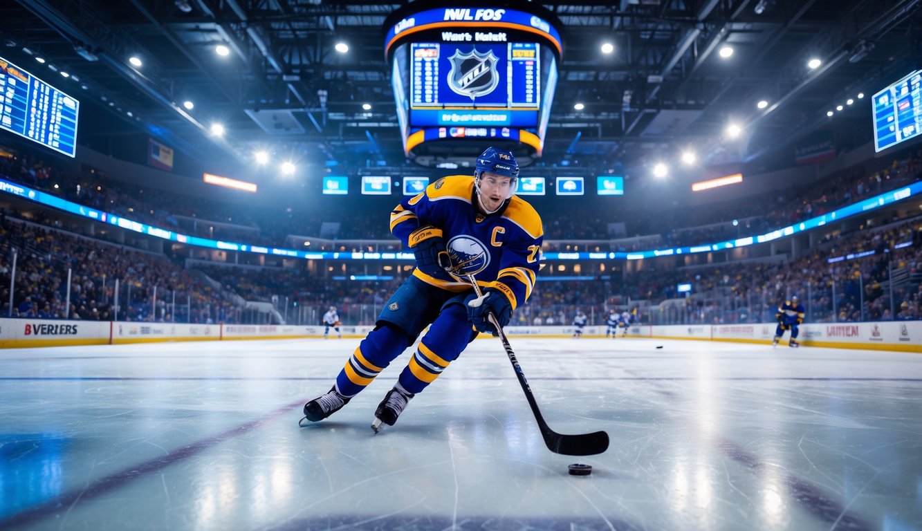 Seorang pemain hoki NHL sedang bermain di arena es dengan penonton ramai di latar belakang.