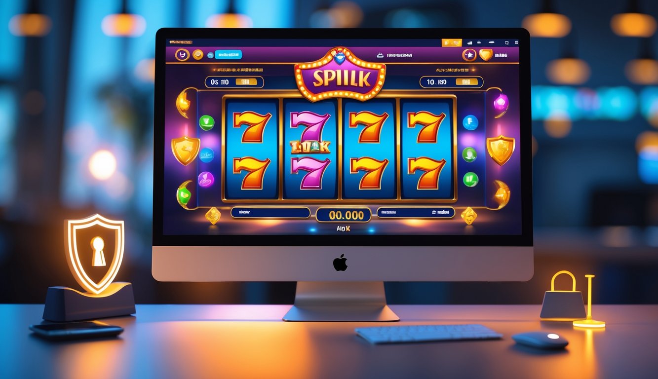 Sebuah ruang kerja modern dengan komputer menampilkan permainan slot online yang berwarna-warni dan elemen keamanan digital.