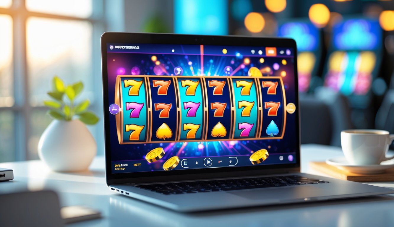Layar laptop menampilkan mesin slot online dengan simbol warna-warni di meja kerja yang rapi dan terang.