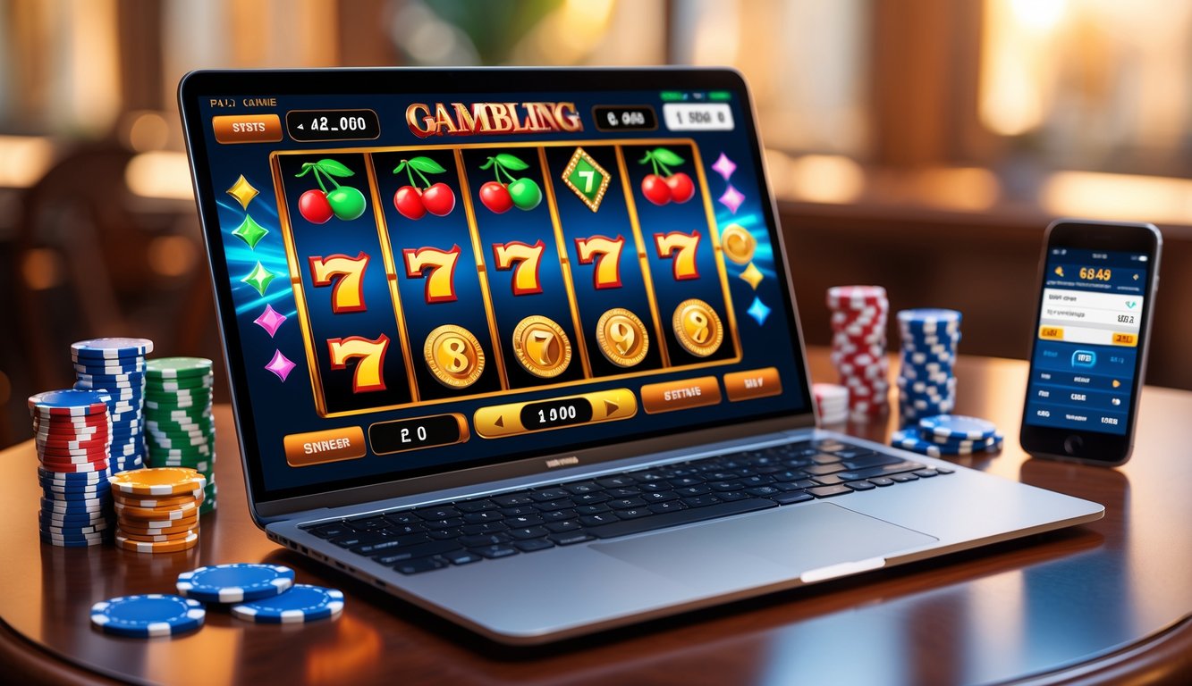 Seorang pria menggunakan laptop dengan tampilan permainan slot online di layar, di meja terdapat chip poker dan kartu remi.