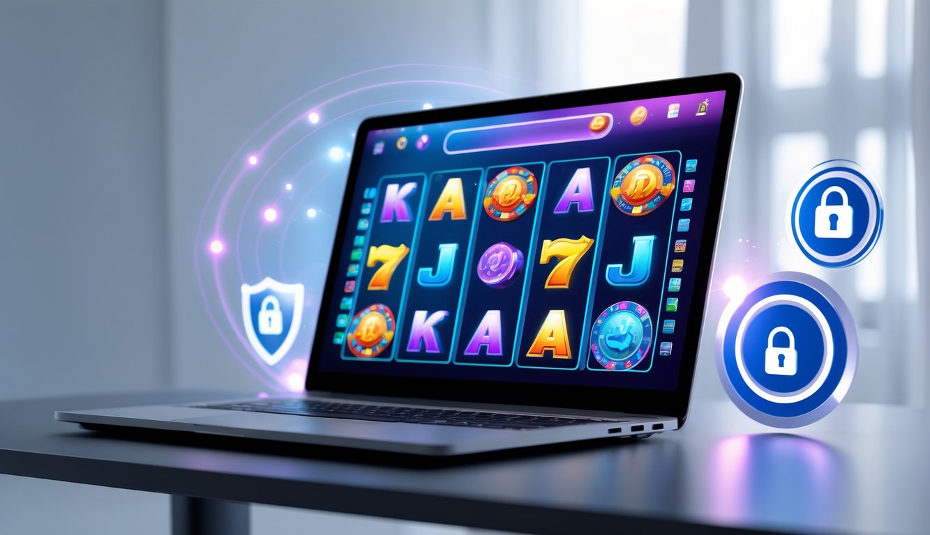 Seorang pengguna sedang bermain permainan slot online di komputer dengan latar belakang yang bersih dan simbol keamanan digital di sekitar layar.