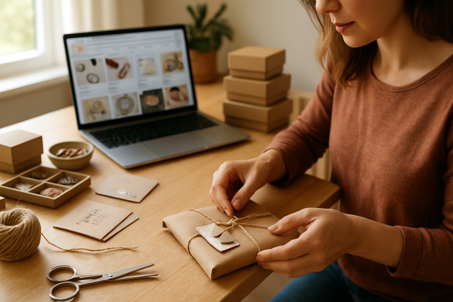 A person packaging handmade products at a tidy workspace with a laptop showing an online shop in the background.