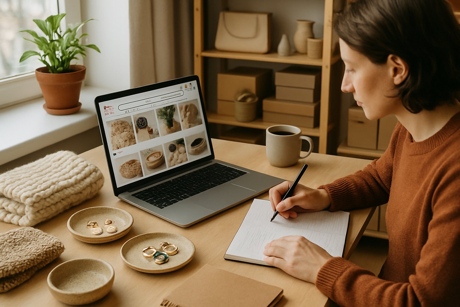 A person working at a desk in a home office surrounded by handmade craft items, a laptop showing an online shop, and packaging materials.
