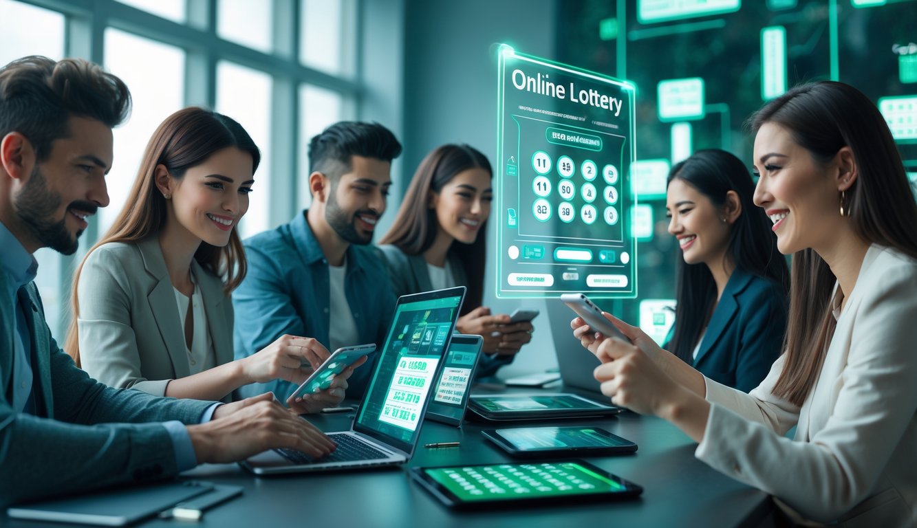Sekelompok orang muda menggunakan perangkat digital di ruangan modern, fokus pada aktivitas permainan lotere online.