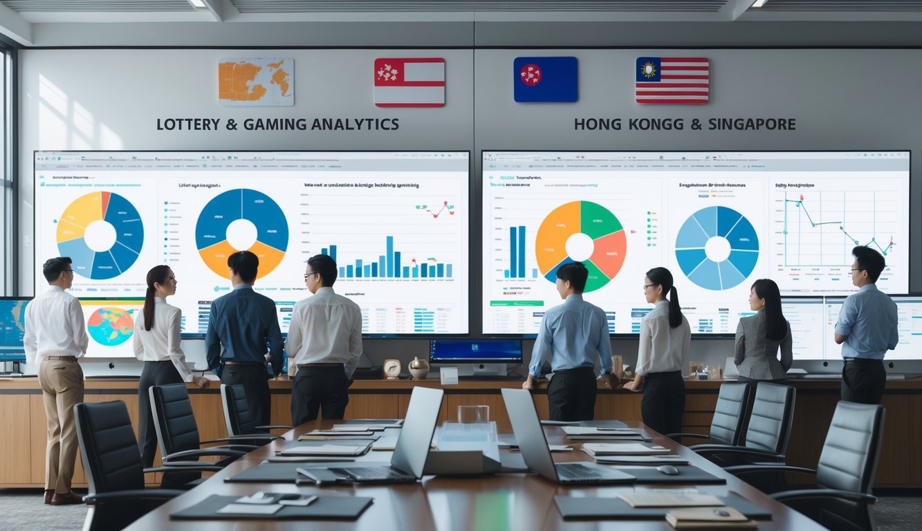 Sekelompok profesional sedang menganalisis data di kantor dengan layar besar yang menampilkan grafik dan peta Hong Kong dan Singapura.