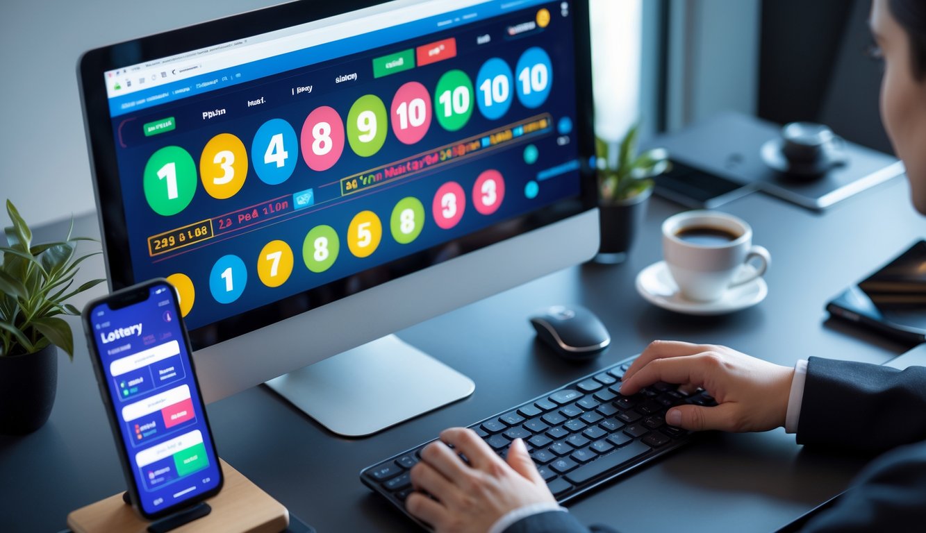 Seorang individu sedang menggunakan komputer di meja kerja yang rapi dengan layar menampilkan angka dan grafik terkait lotere online.
