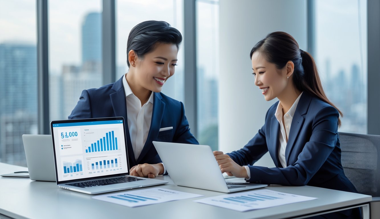 Dua orang profesional sedang bekerja bersama di kantor modern dengan laptop dan dokumen di atas meja.