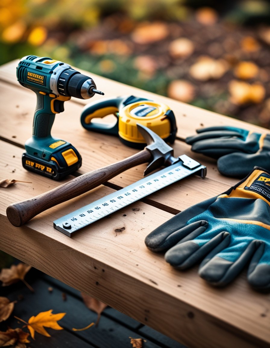 A wooden workbench with a cordless drill, hammer, measuring tape, work gloves, and handsaw surrounded by fallen autumn leaves.