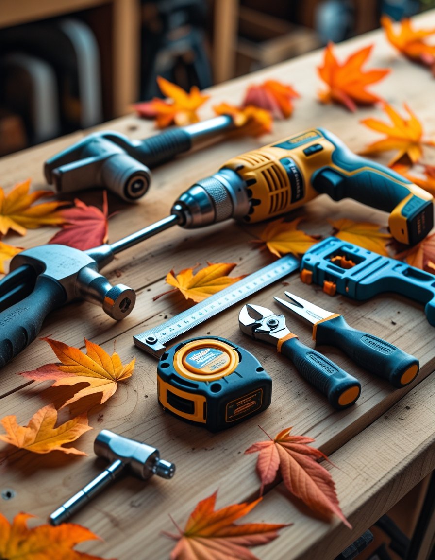 A collection of essential DIY tools including a drill, hammer, measuring tape, handsaw, and screwdrivers arranged on a wooden workbench with autumn leaves scattered around.
