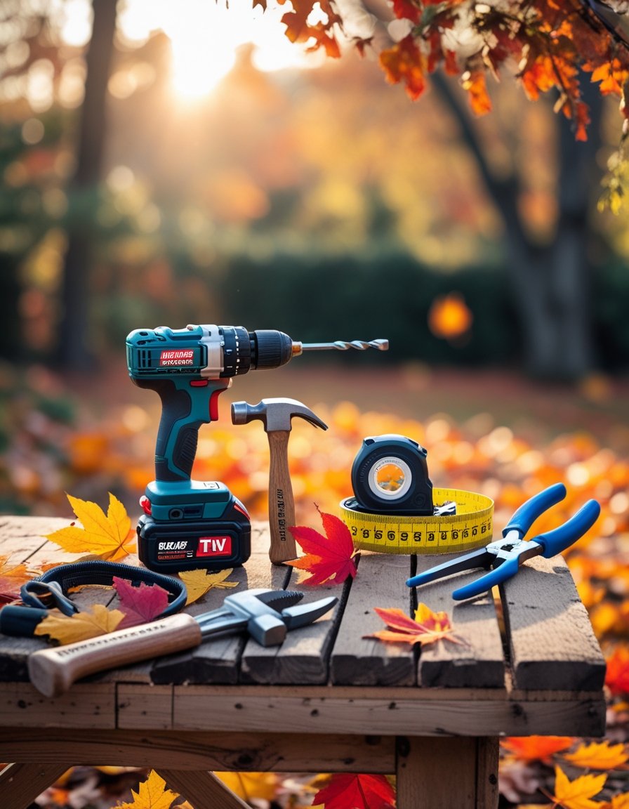 A wooden workbench outdoors covered with colorful autumn leaves and five DIY tools including a drill, hammer, measuring tape, pliers, and handsaw arranged neatly.