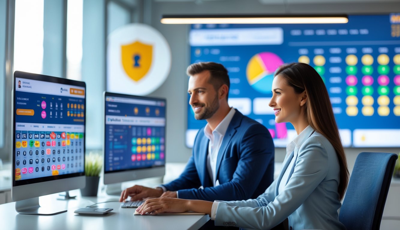 Dua orang profesional sedang bekerja di depan komputer dengan layar menampilkan angka lotere dan grafik di sebuah kantor modern.