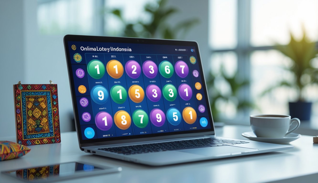 Sebuah meja kerja dengan laptop yang menampilkan antarmuka lotere digital dan beberapa elemen budaya Indonesia di sekitarnya.