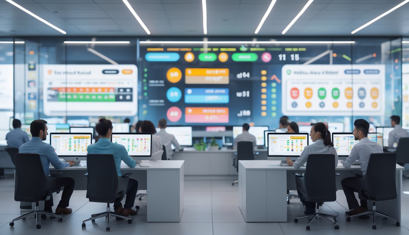 Orang-orang bekerja di kantor lotere modern dengan layar komputer menampilkan data lotere dan grafik warna-warni.