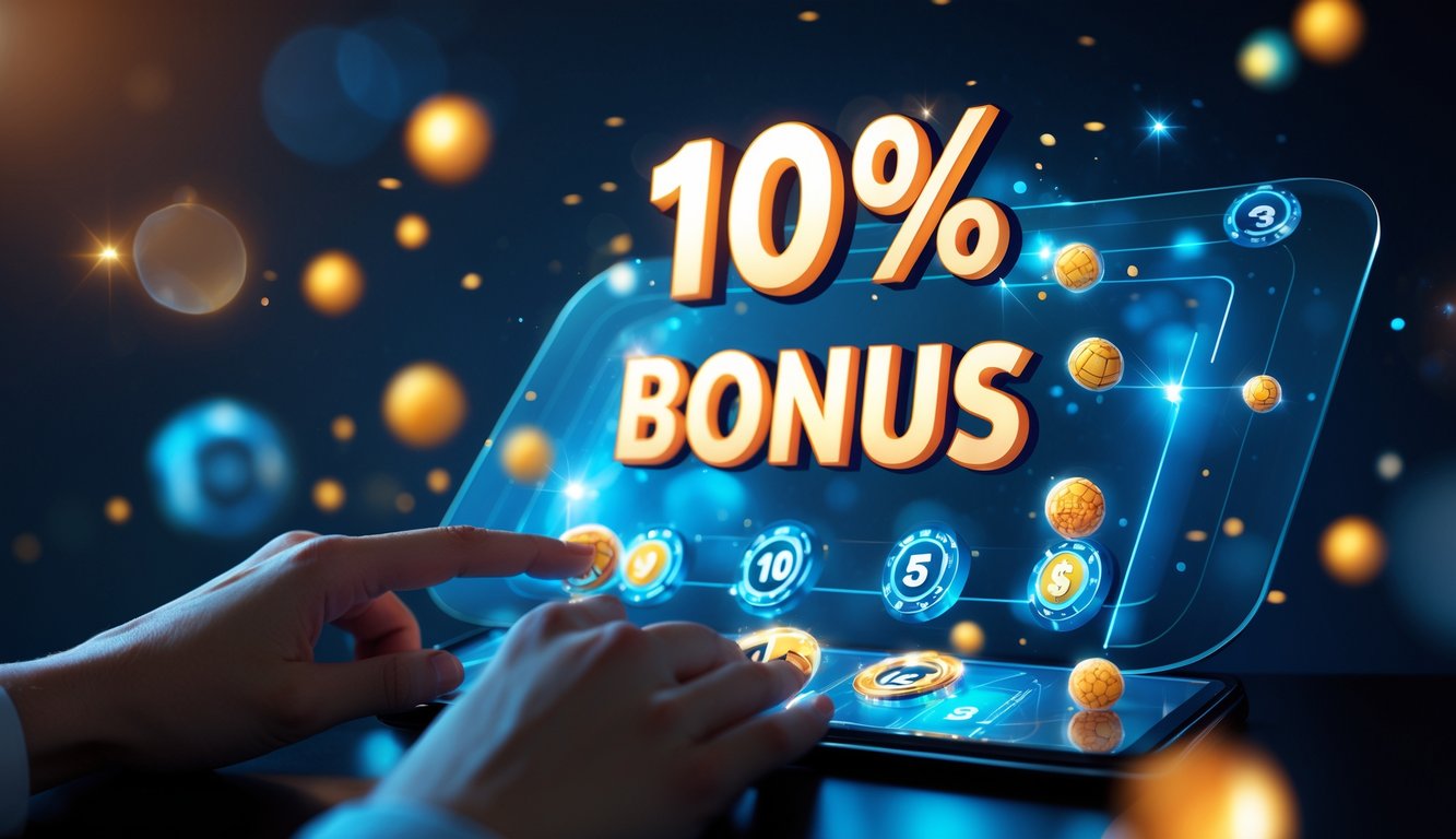 Tampilan antarmuka digital modern dengan angka dan bola lotre yang bersinar, menunjukkan konsep bonus dan hadiah dalam permainan togel.