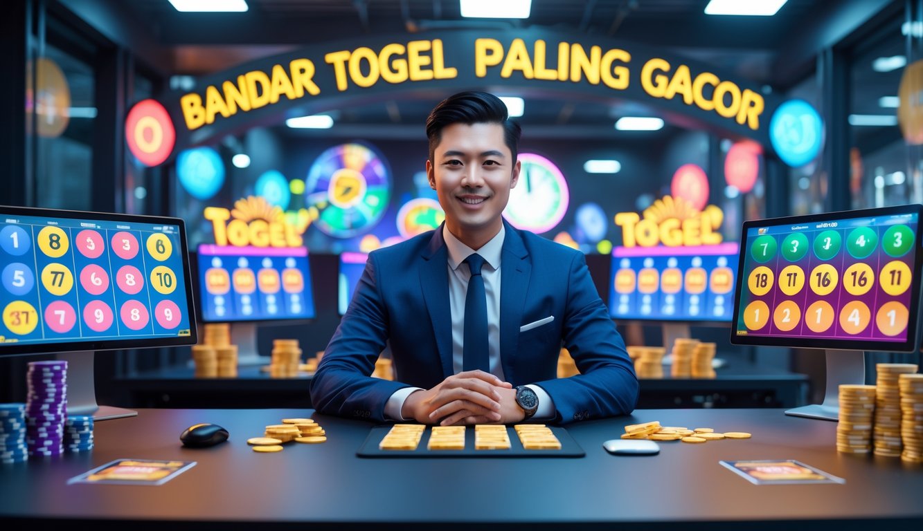 Seorang pria profesional duduk di meja dengan layar digital menampilkan angka lotere dan grafik dalam kantor modern yang cerah dan sibuk.