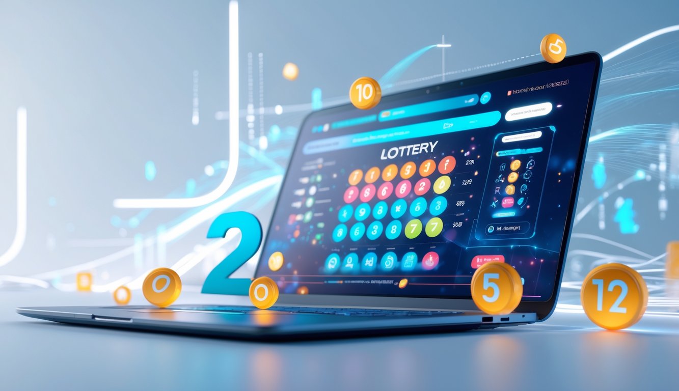 Sebuah perangkat digital menampilkan antarmuka lotere online dengan angka dan grafik berwarna cerah di latar belakang bersih berwarna biru dan putih.