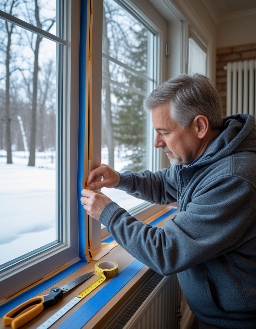 A person applying weatherstripping tape around a window inside a home with a snowy outdoor view, preparing for winter to reduce heat loss.